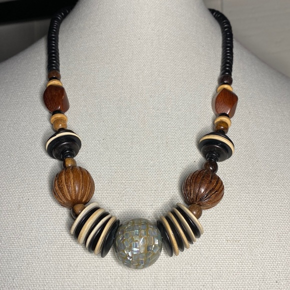 Interesting wood bead necklace mosaic style front bead - Picture 1 of 4